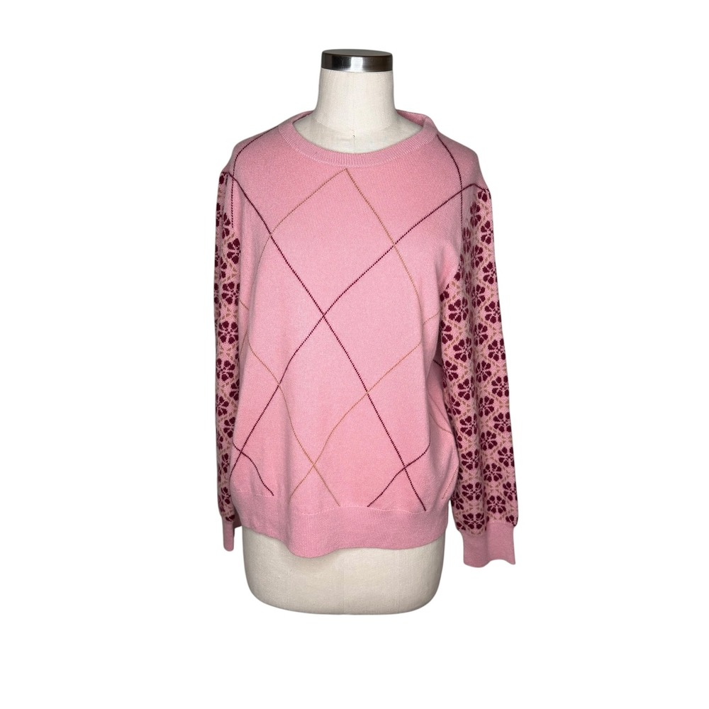 LINGUA FRANCA Off The Gird Rose Sweater Pink Argyle Floral Women's‎ Size 2X Wool